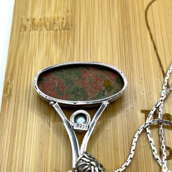 Vintage Large Green Orange Unakite Jasper Pearl Sterling Silver Necklace Pendant - Picture 8 of 13